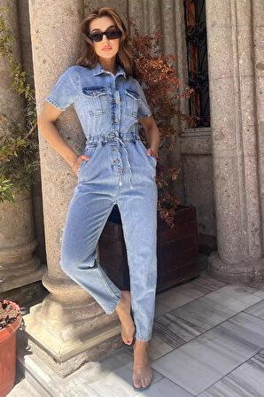 Polo Yaka Çift Cepli Kadın Jean Kot Tulum Salopet