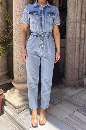 Polo Yaka Çift Cepli Kadın Jean Kot Tulum Salopet