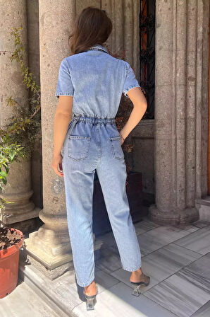 Polo Yaka Çift Cepli Kadın Jean Kot Tulum Salopet