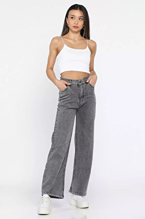 Yüksek Bel Likralı Kadın Palazzo Jean Kot Pantolon