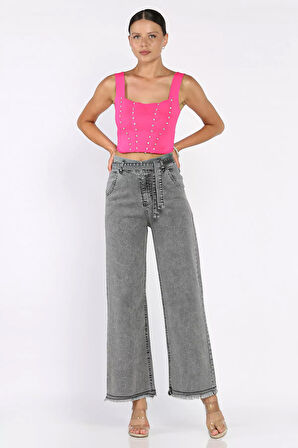 Kuşaklı Yüksek Bel Likralı Paça Püsküllü Kadın Palazzo Pantolon