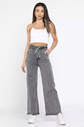 Kuşaklı Yüksek Bel Likralı Paça Püsküllü Kadın Palazzo Pantolon