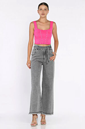 Kuşaklı Yüksek Bel Likralı Paça Püsküllü Kadın Palazzo Pantolon