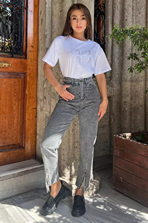 Paça Yırtmaçlı Likralı Kadın Jean Kot Pantolon