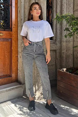 Paça Yırtmaçlı Likralı Kadın Jean Kot Pantolon