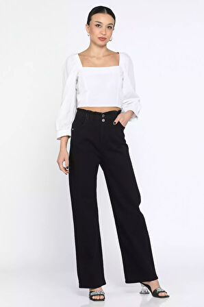 Çift Düğme Detaylı Bol Paça Likralı Kadın Jean Kot Pantolon