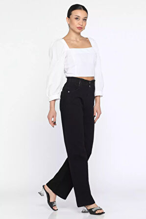 Çift Düğme Detaylı Bol Paça Likralı Kadın Jean Kot Pantolon