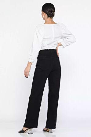 Çift Düğme Detaylı Bol Paça Likralı Kadın Jean Kot Pantolon