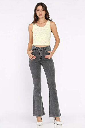 Yüksek Bel İspanyol Paça Likralı Kadın Kot Jean Pantolon