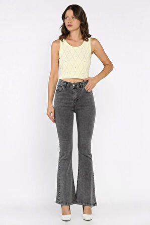 Yüksek Bel İspanyol Paça Likralı Kadın Kot Jean Pantolon