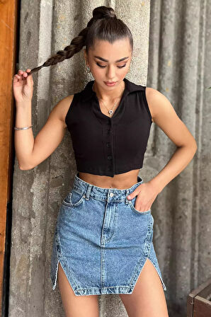 Yakalı Düğmeli Crop Top Yelek