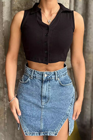 Yakalı Düğmeli Crop Top Yelek