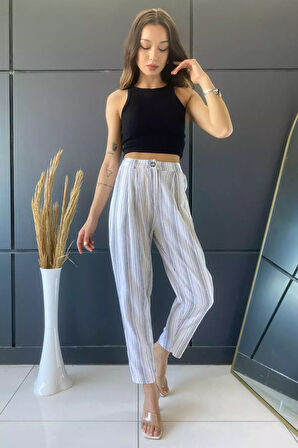 Yüksek Bel Çizgi Desenli Kadın Pantolon