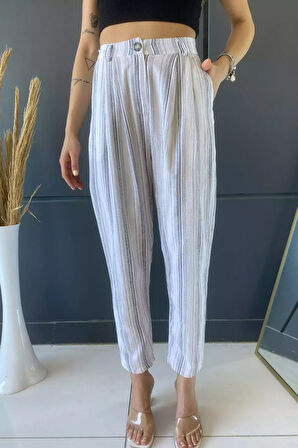 Yüksek Bel Çizgi Desenli Kadın Pantolon