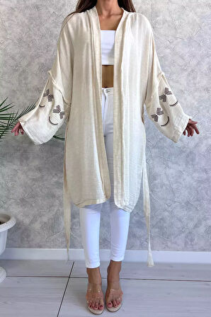 Bel Kuşaklı Kol İşlemeli Kadın Tarz Kimono