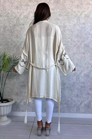 Bel Kuşaklı Kol İşlemeli Kadın Tarz Kimono