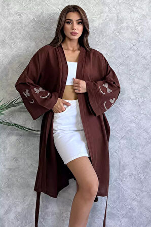 Bel Kuşaklı Kol İşlemeli Kadın Tarz Kimono