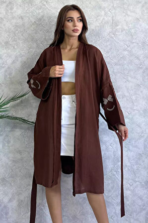 Bel Kuşaklı Kol İşlemeli Kadın Tarz Kimono