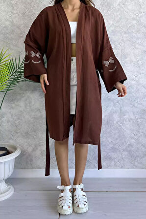 Bel Kuşaklı Kol İşlemeli Kadın Tarz Kimono
