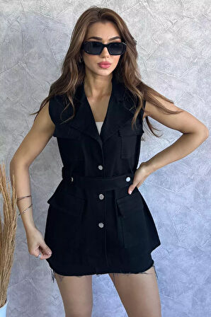 Cepli Bel Kemerli Kadın Likralı Jean Kot Yelek