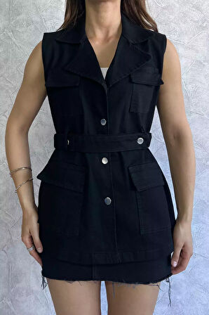 Cepli Bel Kemerli Kadın Likralı Jean Kot Yelek