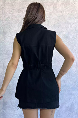 Cepli Bel Kemerli Kadın Likralı Jean Kot Yelek