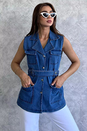 Cepli Bel Kemerli Kadın Likralı Jean Kot Yelek