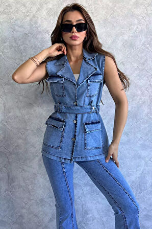 Cepli Bel Kemerli Kadın Likralı Jean Kot Yelek