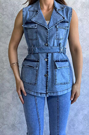 Cepli Bel Kemerli Kadın Likralı Jean Kot Yelek