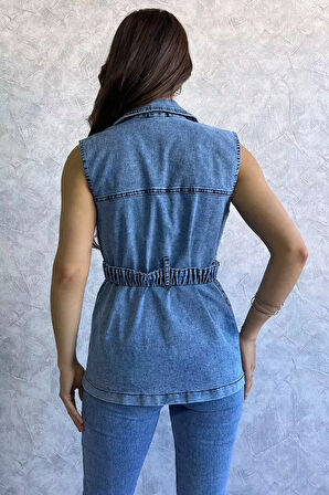 Cepli Bel Kemerli Kadın Likralı Jean Kot Yelek