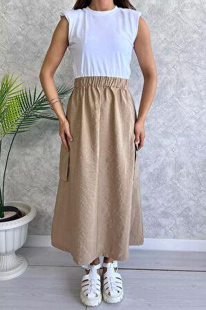 Bisiklet Yaka Kargo Cep Detaylı Kadın Çift Renkli Elbise