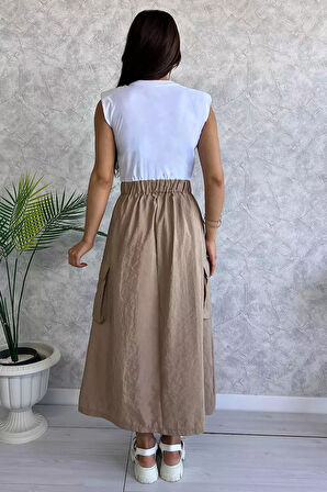 Bisiklet Yaka Kargo Cep Detaylı Kadın Çift Renkli Elbise