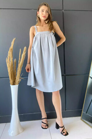 Kalın Askılı Yan Bağlamalı Gabardin Pileli Elbise