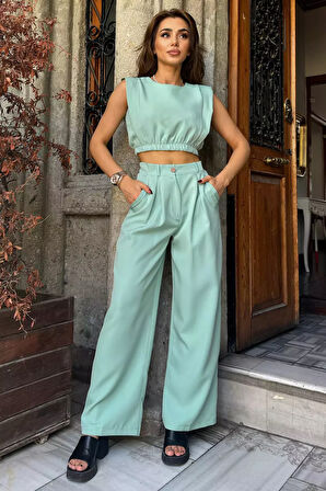 Kadın Crop Bluz Pantolon İkili Takım