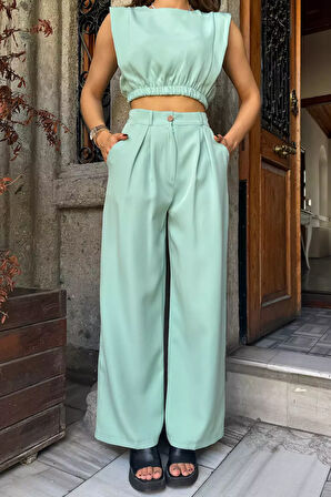 Kadın Crop Bluz Pantolon İkili Takım