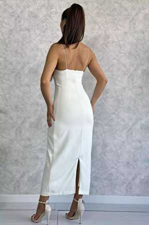 Lastik Askılı Yırtmaç Detaylı Kadın Elbise