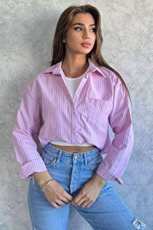 Tek Cepli Çizgi Desenli Bluz Garnili Kadın Gömlek