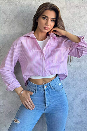 Tek Cepli Çizgi Desenli Bluz Garnili Kadın Gömlek