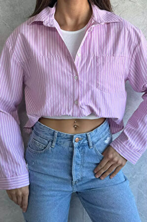 Tek Cepli Çizgi Desenli Bluz Garnili Kadın Gömlek