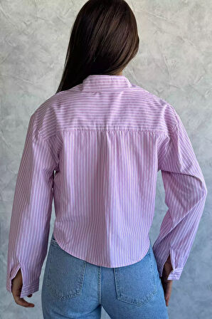 Tek Cepli Çizgi Desenli Bluz Garnili Kadın Gömlek