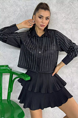 Çift Cepli Taşlı Kadın Saten Gömlek