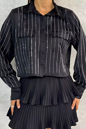 Çift Cepli Taşlı Kadın Saten Gömlek