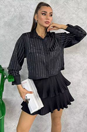 Çift Cepli Taşlı Kadın Saten Gömlek