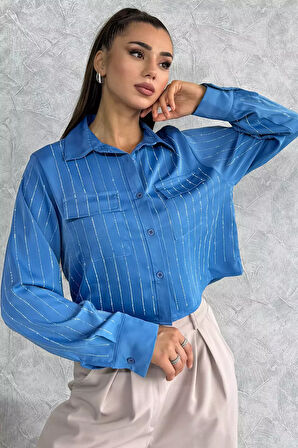 Çift Cepli Taşlı Kadın Saten Gömlek