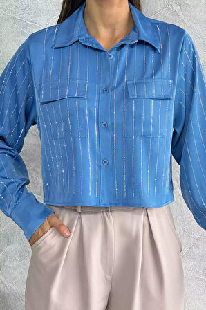 Çift Cepli Taşlı Kadın Saten Gömlek