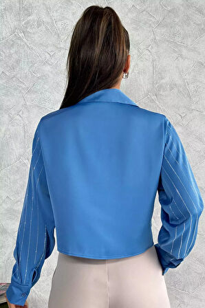 Çift Cepli Taşlı Kadın Saten Gömlek