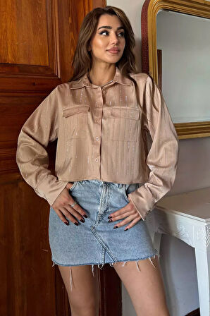 Çift Cepli Taşlı Kadın Saten Gömlek