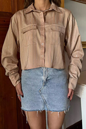 Çift Cepli Taşlı Kadın Saten Gömlek