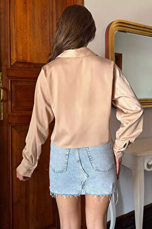 Çift Cepli Taşlı Kadın Saten Gömlek