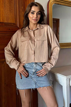 Çift Cepli Taşlı Kadın Saten Gömlek